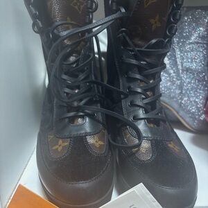 Louis Vuitton Monogram Black and Brown Lace-Up Boots